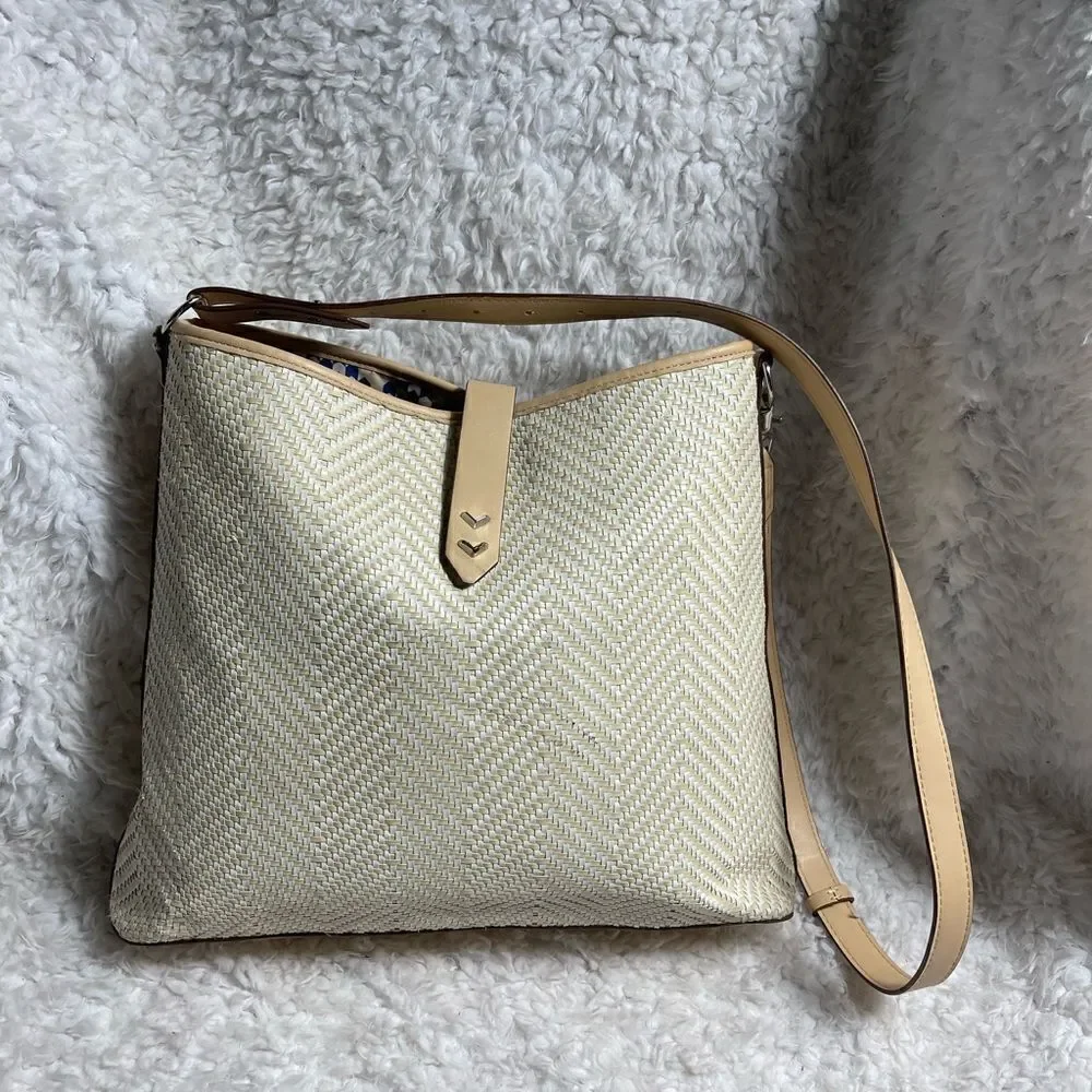 Stella & dot Rattan woven beige large shoulder bag with cream trim and strap